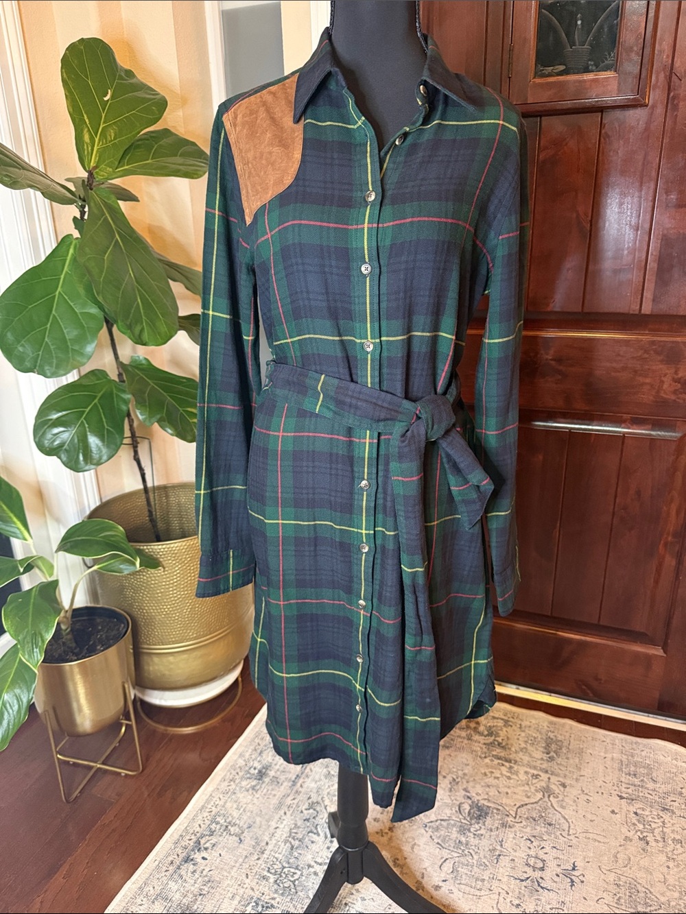 Ralph Lauren Green Plaid Long-Sleeve Shirt Dress with Tie Waist Size M